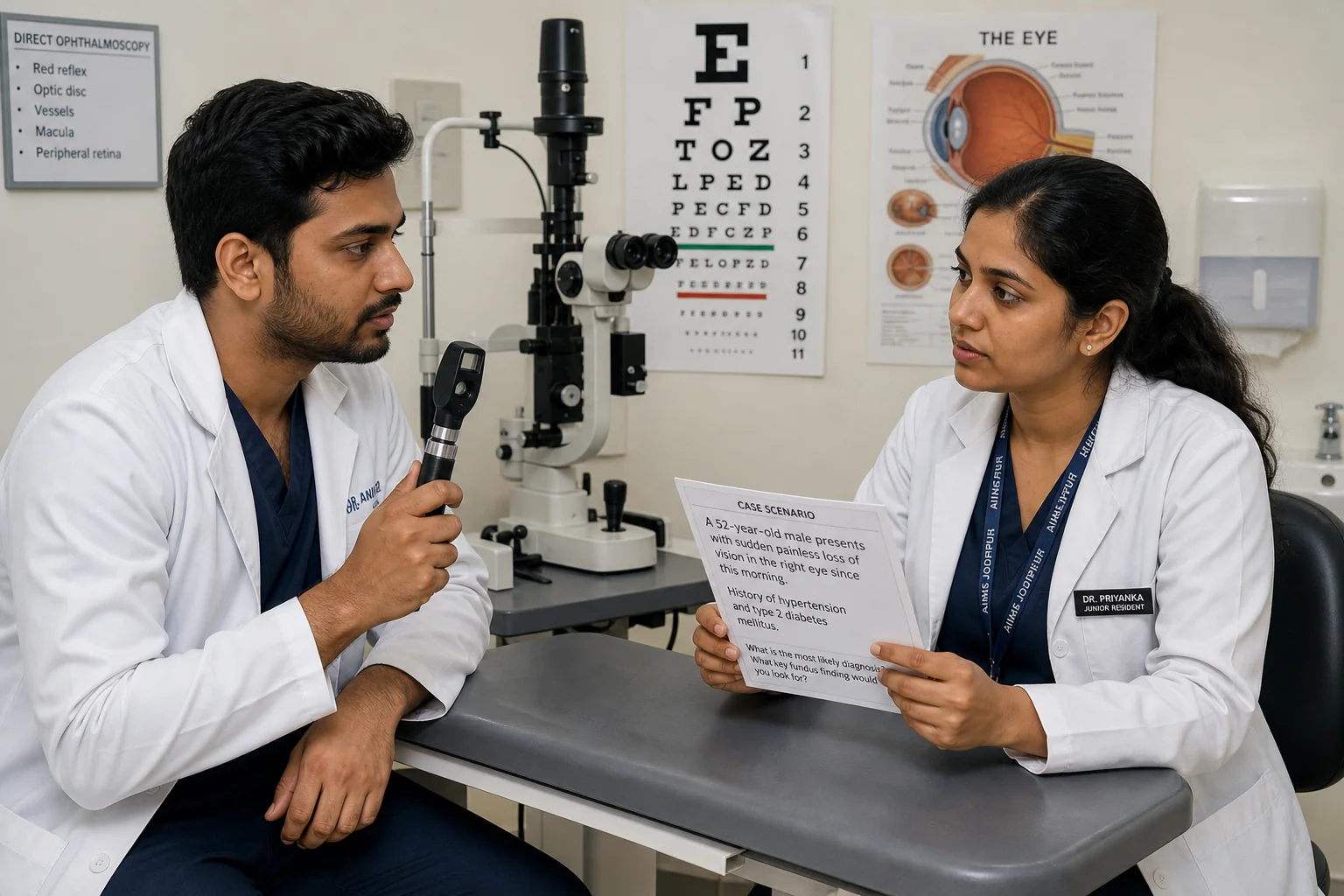 Digital study progress tracker showing MCQ scores and practical readiness ratings for DNB ophthalmology subspecialties
