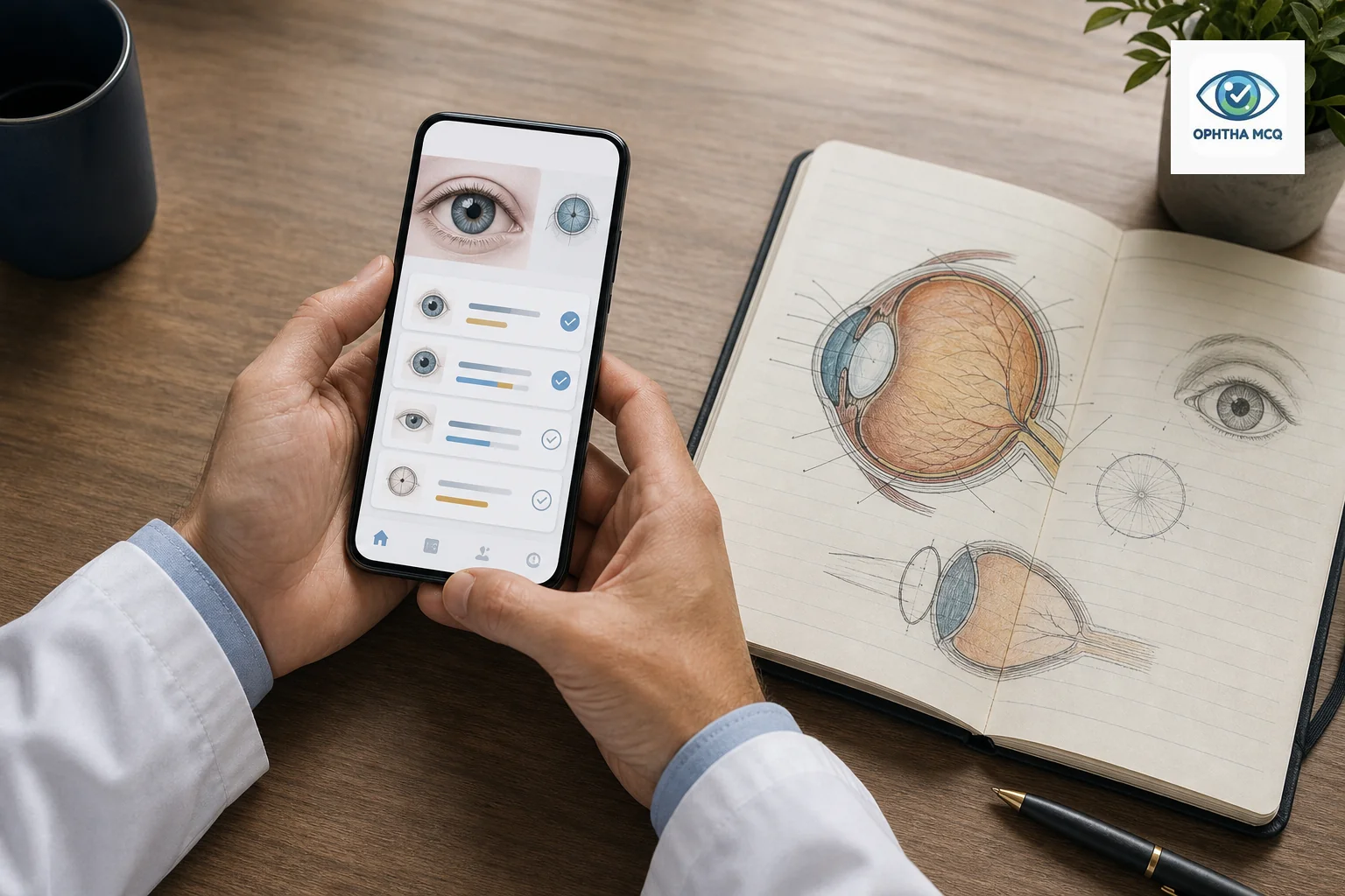 Photorealistic photo of a doctor's hands holding a smartphone displaying a clean medical education app interface, next to an open handwritten-style notebook with ophthalmology diagrams (eye cross-section sketches), on a wooden desk. Soft