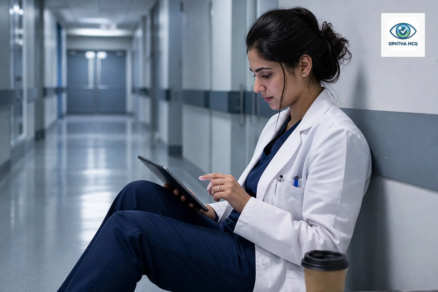 Ophthalmology resident practicing timed MCQ questions on a tablet during a break between clinic duties. Photorealistic photo of an ophthalmology resident doctor in white coat sitting in a hospital corridor during a short break, focused