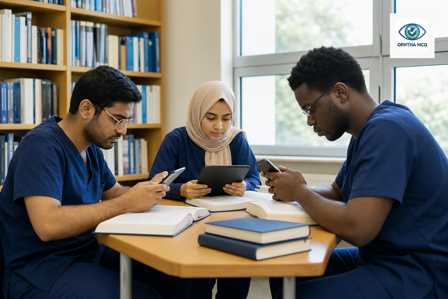 Photorealistic photo of three ophthalmology postgraduate trainees of diverse ethnicities (South Asian, Middle Eastern, and Black African) sitting around a small table in a hospital library, each looking at their own mobile phone or tablet