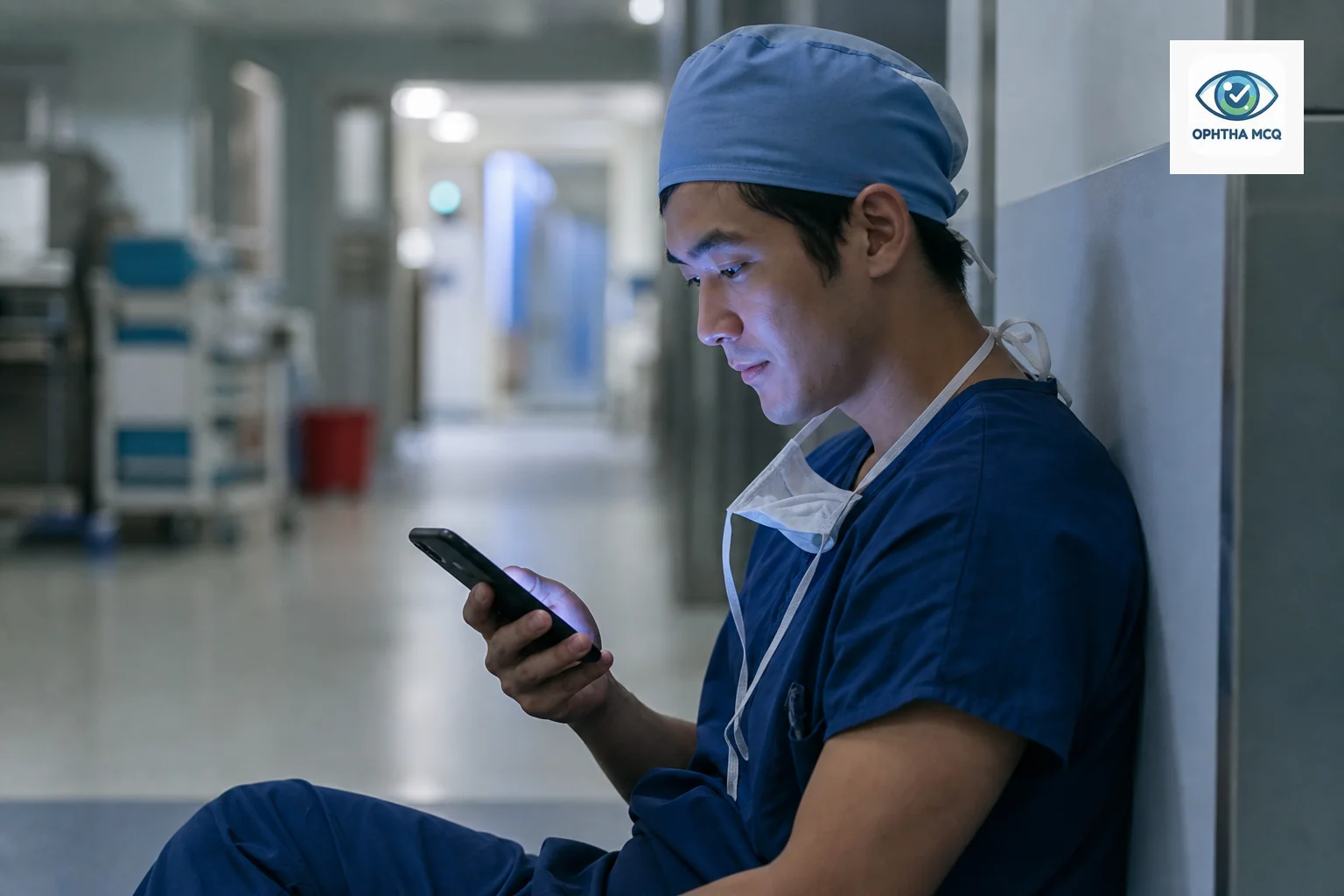 Photorealistic photo of a doctor in scrubs holding a smartphone in a hospital corridor during a short break, studying on a mobile app interface with soft blue-toned UI glow reflecting on their face, blurred clinical background with medical