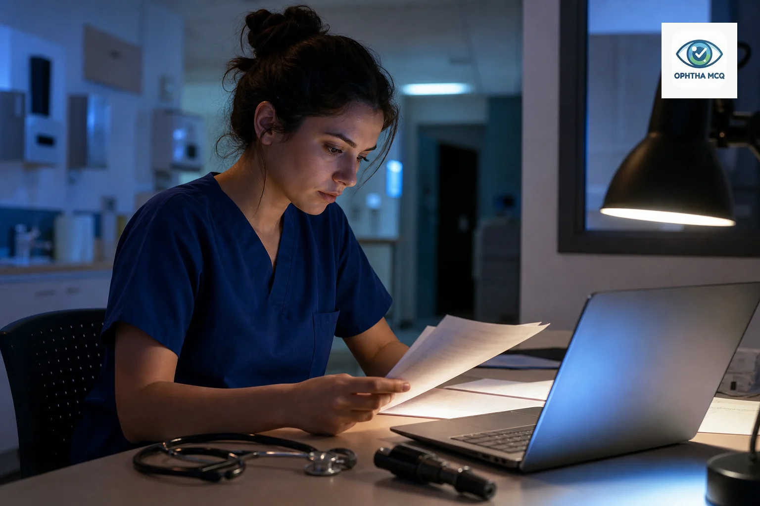 A UK ophthalmology trainee reviewing exam prep materials and a laptop showing subscription costs, conveying budget pressure. Photorealistic photo of a young ophthalmology trainee in navy blue scrubs sitting at a hospital desk late at night