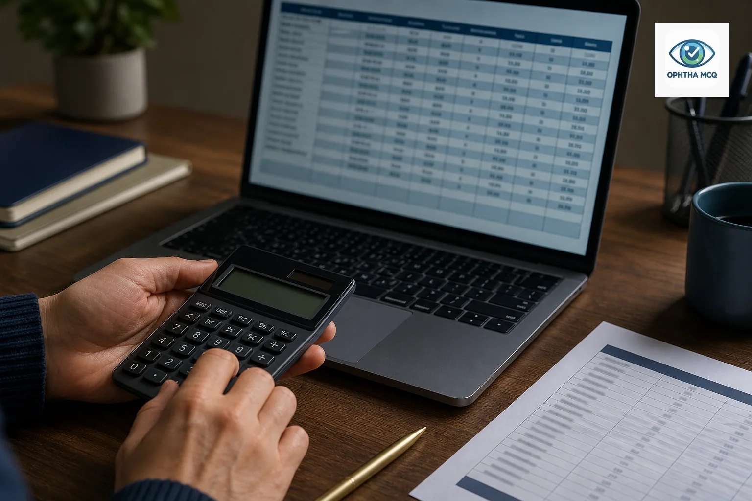 Close-up of hands calculating budget figures with a calculator, resident roster sheet, and laptop showing spreadsheet, symbolizing cost-per-resident math. Photorealistic close-up photo of hands using a calculator next to a laptop displaying