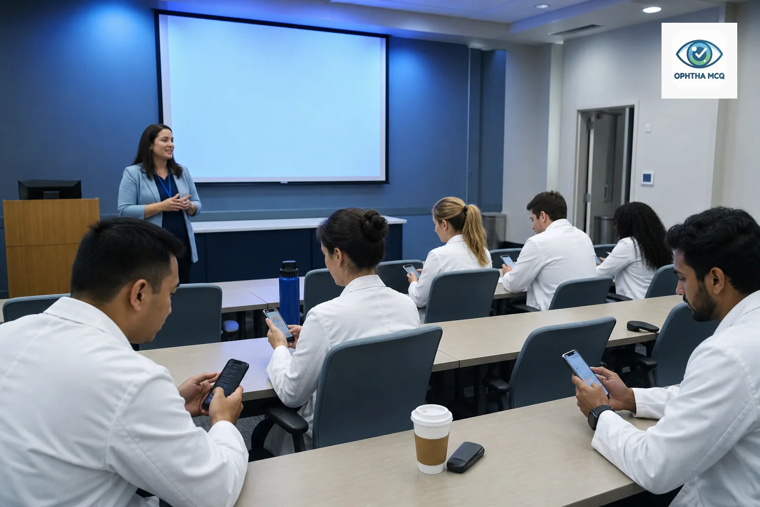 Ophthalmology residents in a hospital training room setting up the exam prep mobile app on their phones during an onboarding session. Photorealistic photo of a small group of ophthalmology residents, diverse group in white coats, sitting in