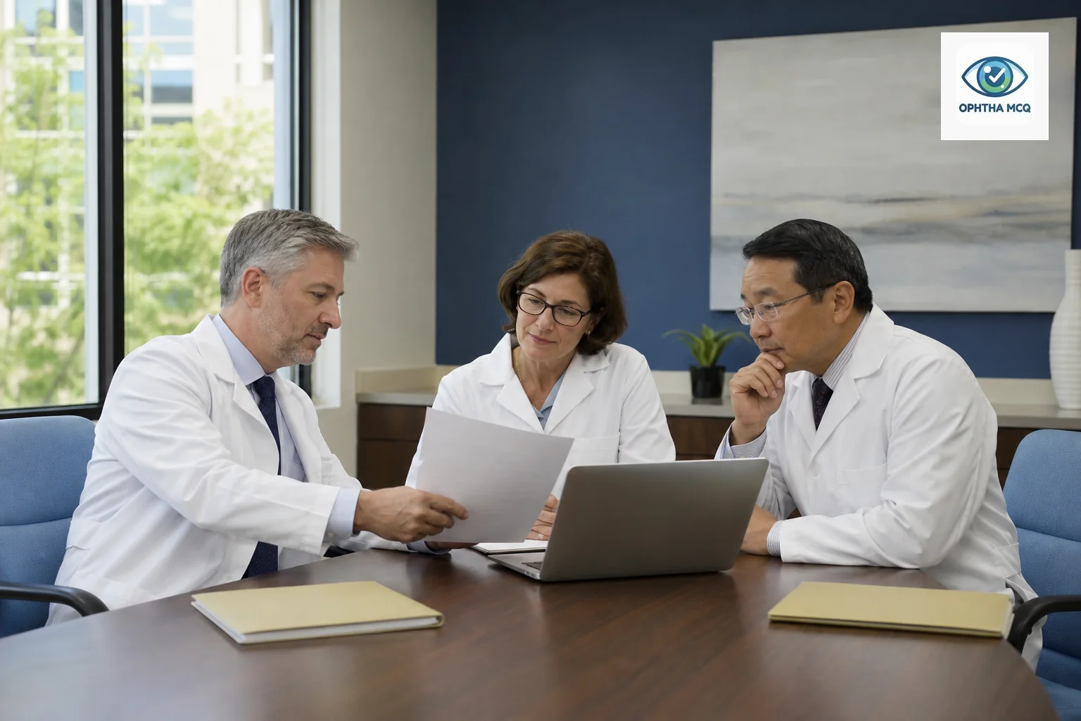 Group meeting of hospital program director and faculty discussing a licensing proposal document around a conference table. Photorealistic photo of three ophthalmology faculty members, mixed genders, in white coats seated around a conference