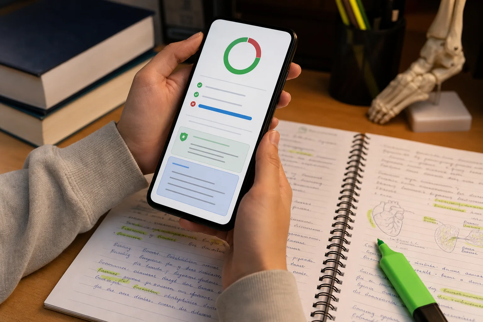 Medical resident reviewing MCQ explanations on a smartphone and cross-referencing with handwritten ophthalmology notes