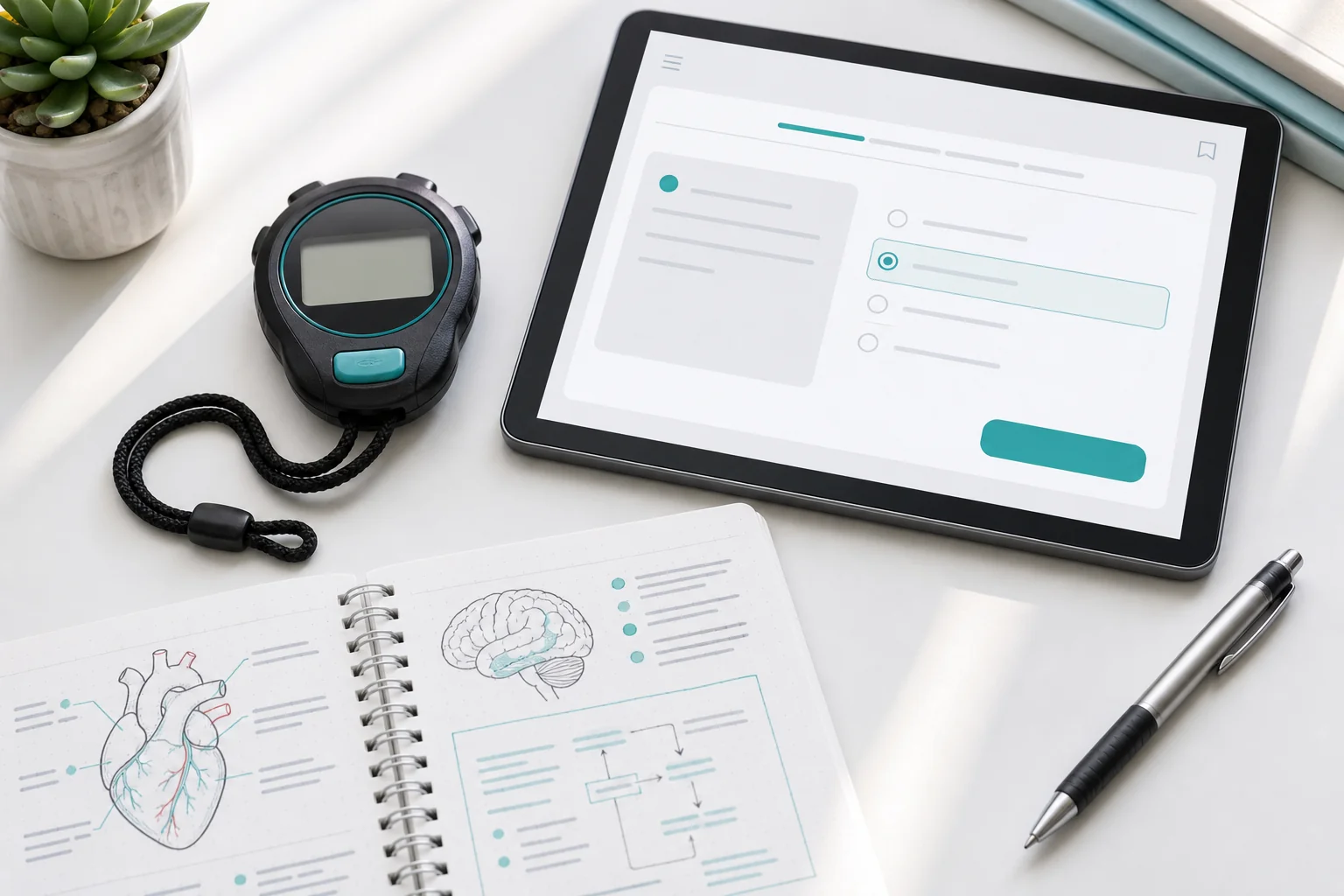 Stopwatch and tablet showing a timed MCQ practice session for ophthalmology exam preparation