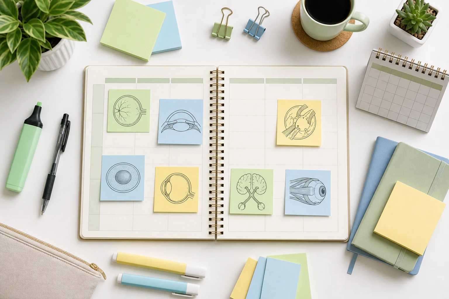 Study planner with ophthalmology subspecialty topics organised by colour for structured exam revision