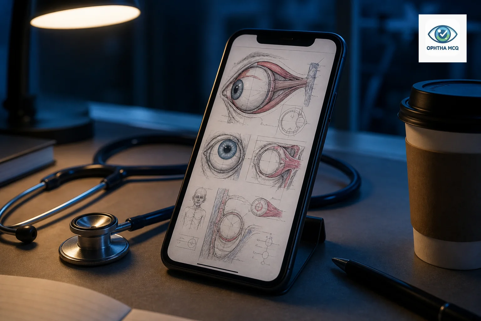 Close-up of handwritten style ophthalmology notes and diagrams on a tablet or phone screen, being reviewed at night. Photorealistic close-up photo of a smartphone screen resting on a hospital desk at night, displaying a page of neat