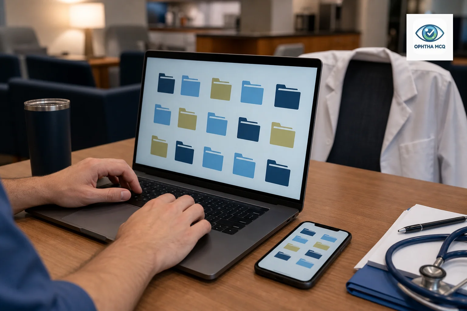 Photorealistic photo of a doctor's hands organizing files on a laptop and a smartphone placed side by side on a wooden desk in a hospital resident lounge, laptop screen showing a folder-like grid of colored file icons in tones of #1c4063