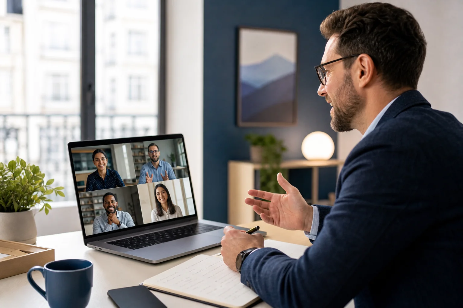 Confident business professional on a video call with a remote development agency team in a modern European office