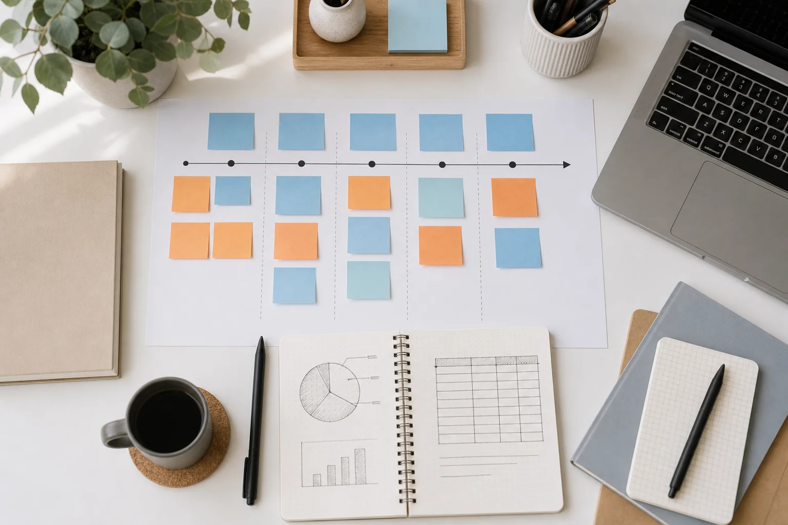 Project planning workspace with timeline sticky notes and budget sketches in a Scandinavian office setting