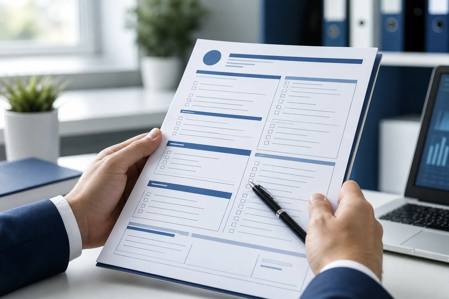 Professional hands reviewing a structured development brief document with clearly divided sections and checkboxes