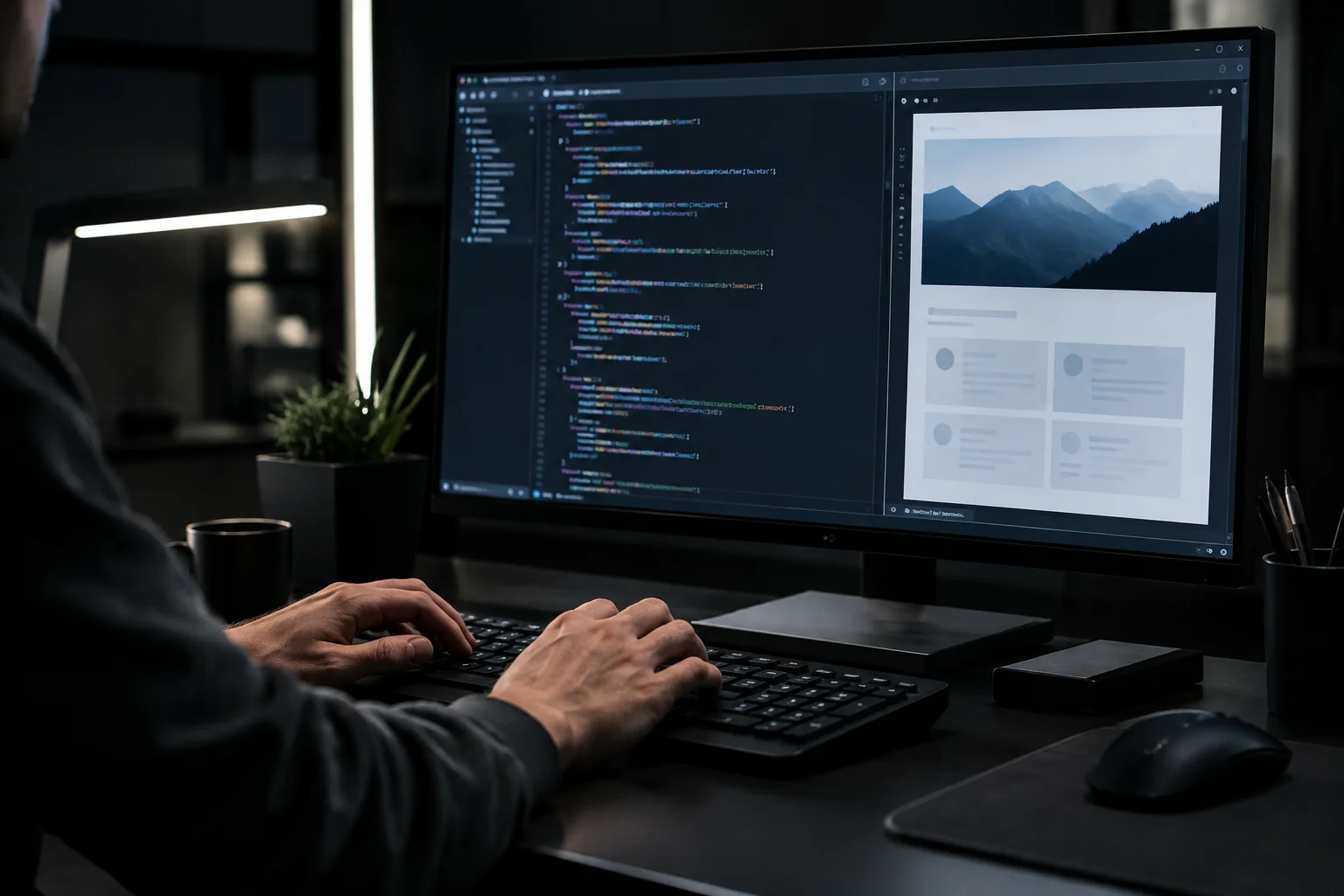 Developer coding a web interface on a large monitor. photorealistic photo of a developer's hands typing on a keyboard in front of a large monitor displaying clean web interface code, dark room with soft black and white lighting accents
