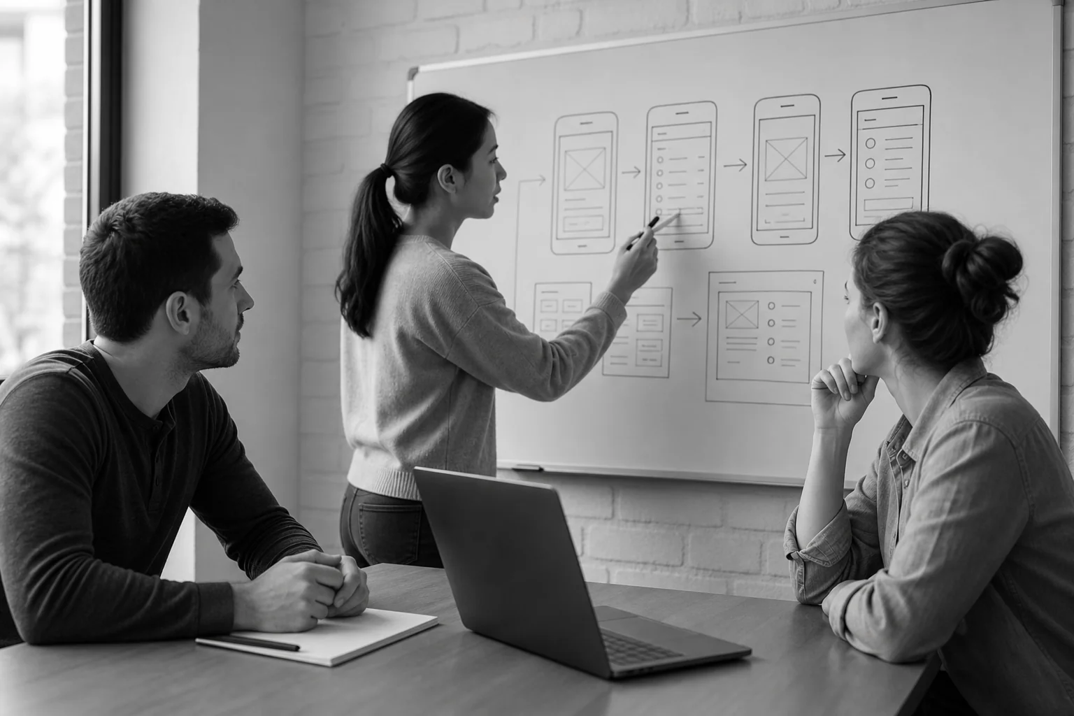 Development team planning app features on a whiteboard. Photorealistic photo of a small software development team of three people around a table with a laptop and a whiteboard sketch of an app wireframe showing inventory screens, monochrome