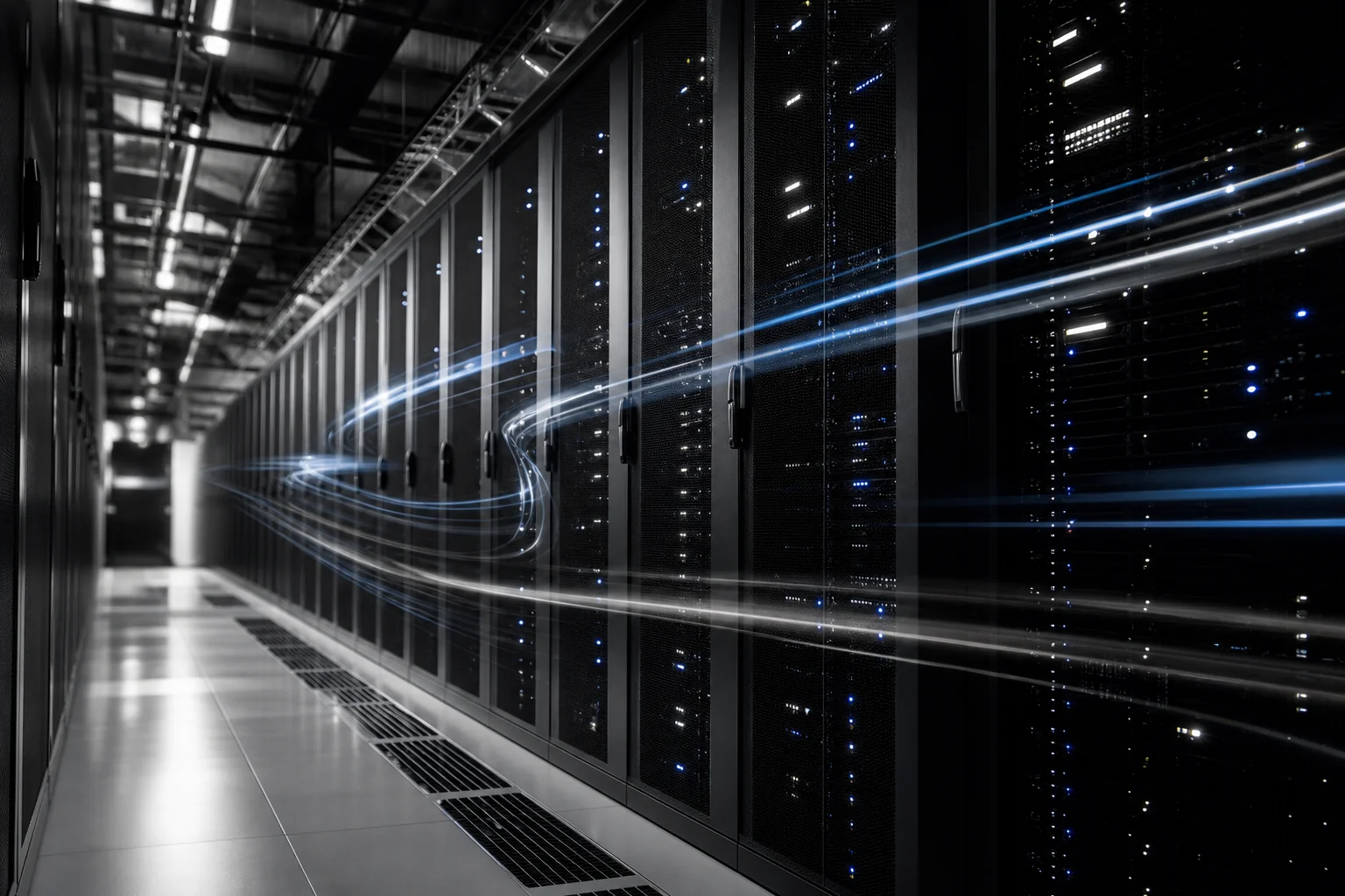 Visual metaphor for scaling infrastructure, servers or cloud architecture growing, representing startup growth from MVP to scale. Photorealistic photo of a modern data center server room aisle with black server racks and status lights, long
