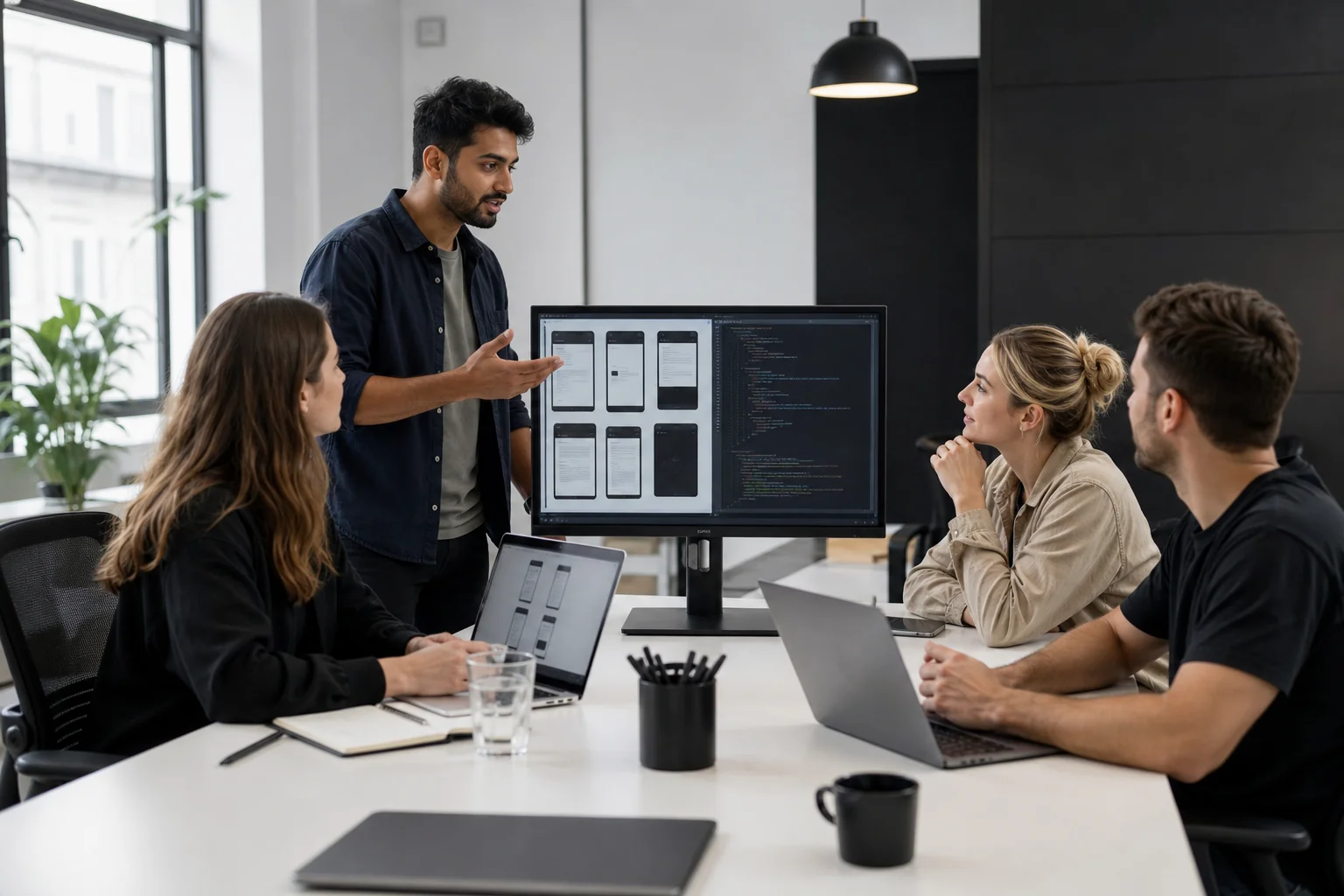 Photorealistic photo of a small collaborative software development team of four people around a table with laptops and a large monitor showing wireframes and code, modern minimalist studio office with black and white interior design