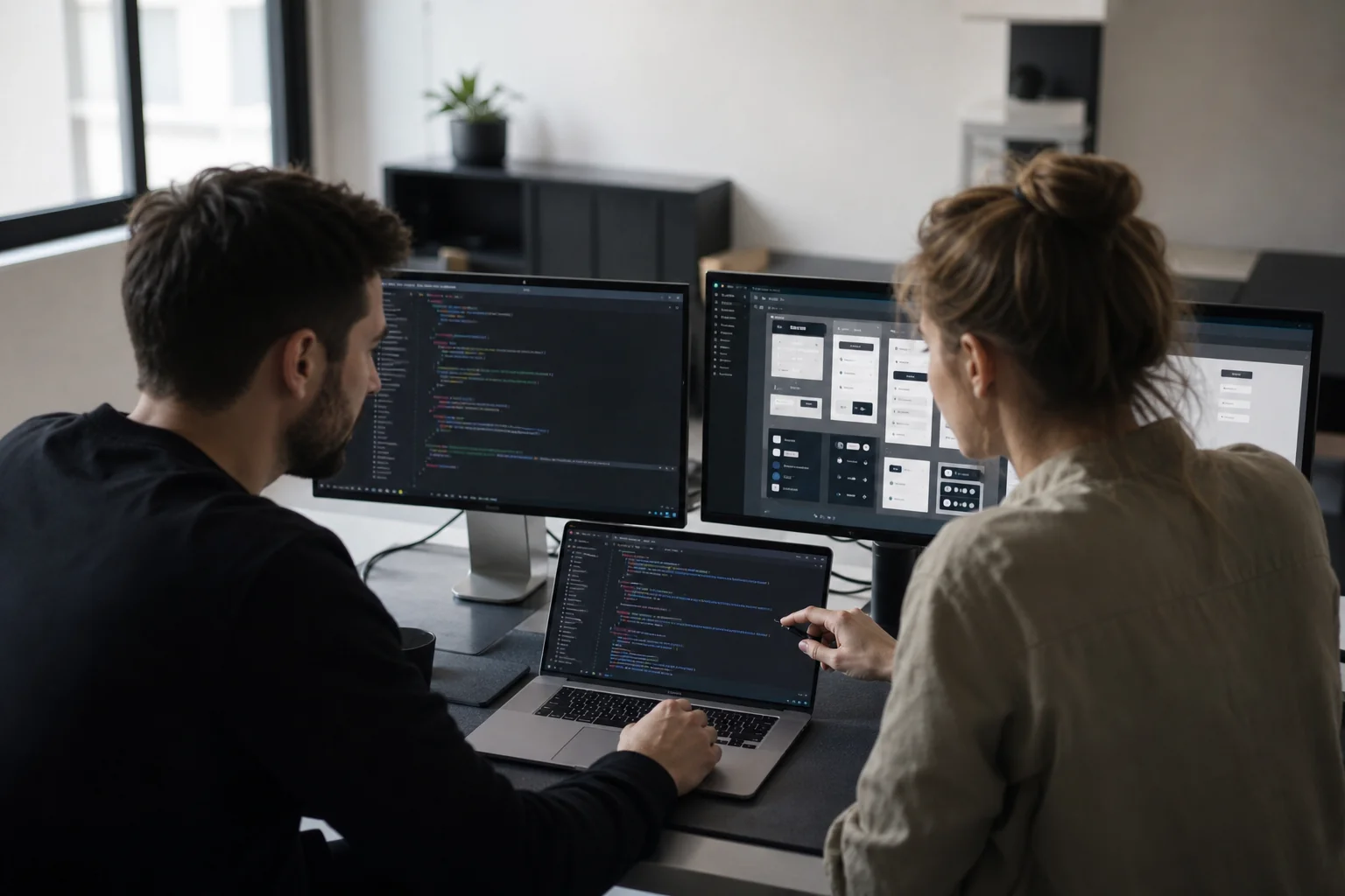 Developers collaborating on shared code components across a team, laptops showing code editors. photorealistic: Two developers collaborating at a shared desk with laptops open showing code editor windows with abstract code blocks, one