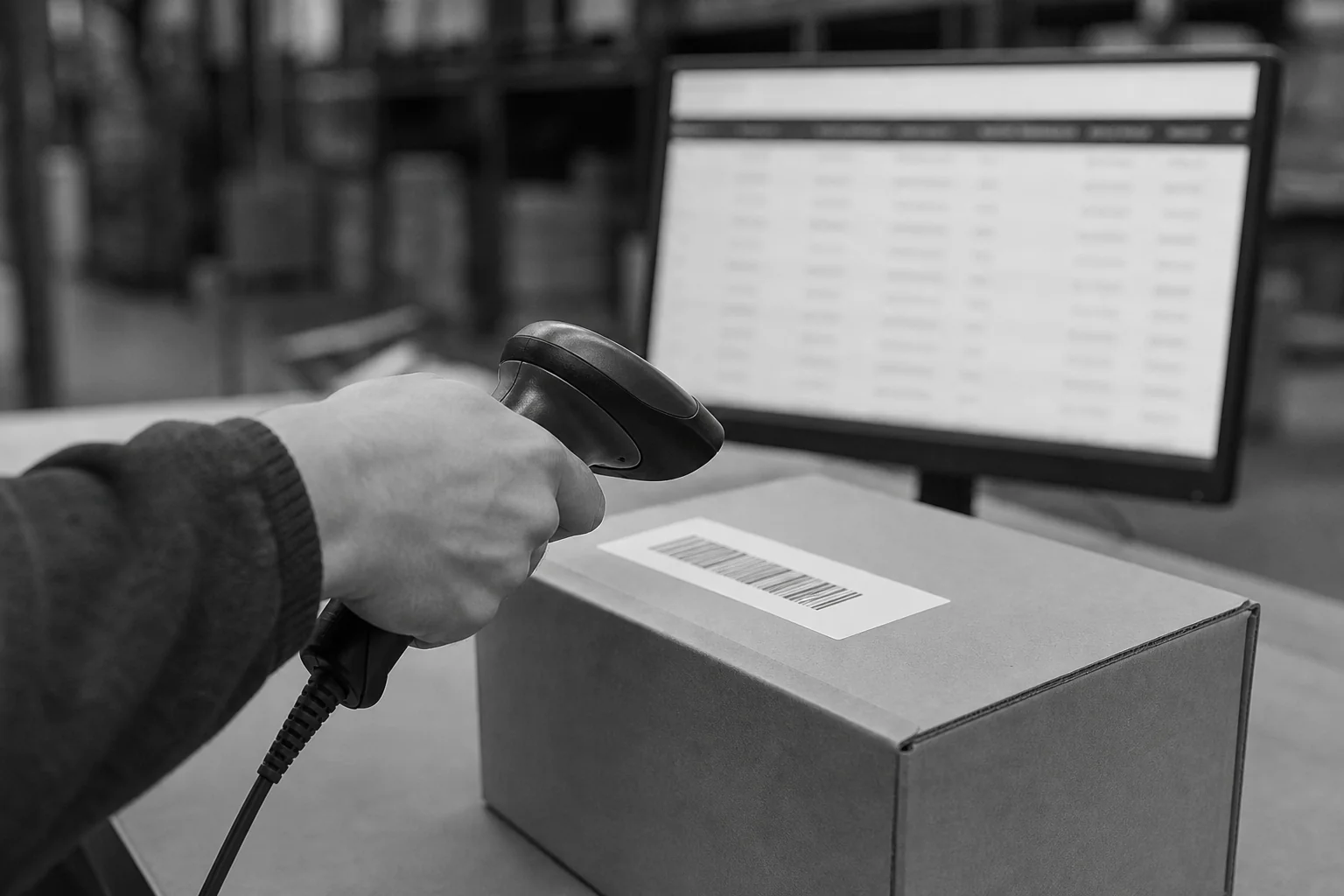 Close-up photo of a hand scanning a shipping label with a barcode scanner next to a computer screen showing tracking data. photorealistic: close-up photo of a warehouse worker's hand holding a barcode scanner over a shipping label on a box