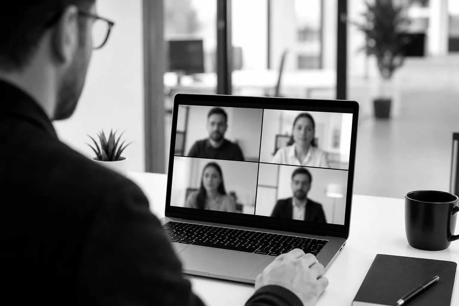 photorealistic: A close-up over-the-shoulder shot of a person on a laptop video call in a bright modern office, screen showing a grid of professional remote participants (faces not clearly identifiable, blurred), black and white color