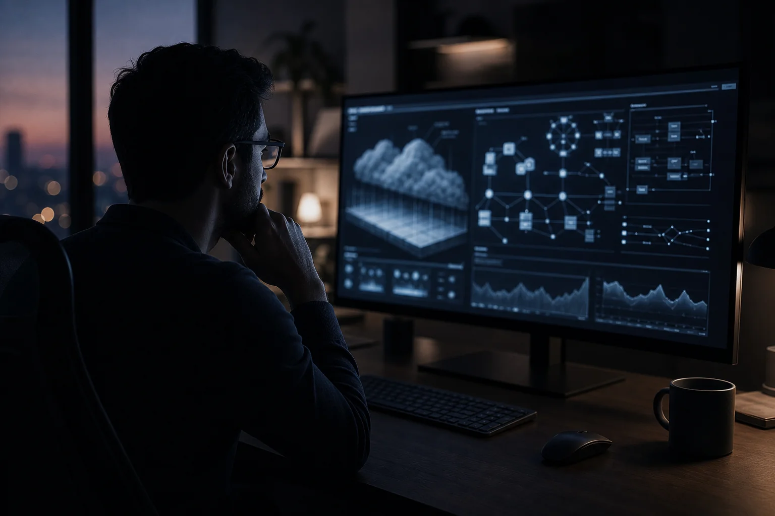 A developer monitoring a live cloud deployment dashboard after launch. Photorealistic photo of a developer sitting at a desk at dusk, looking at a large monitor displaying abstract server and cloud infrastructure graphs and status