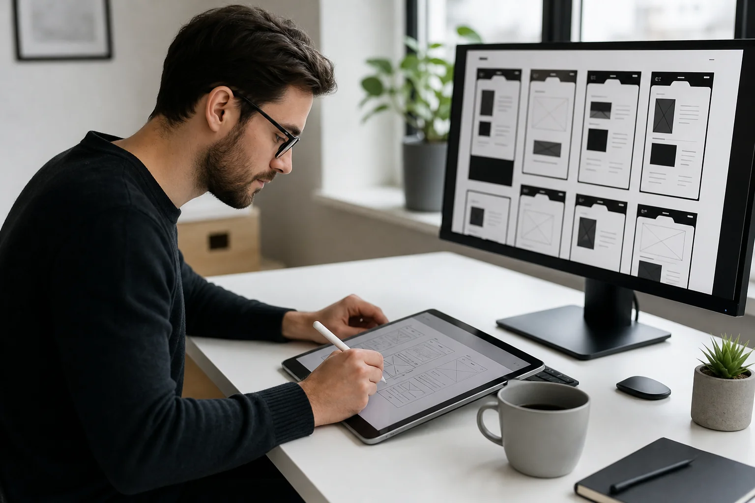 A UI/UX designer sketching wireframes and reviewing prototypes on a tablet and monitor. Photorealistic photo of a focused UI/UX designer at a clean white desk, sketching wireframe layouts on a tablet with a stylus while a second monitor