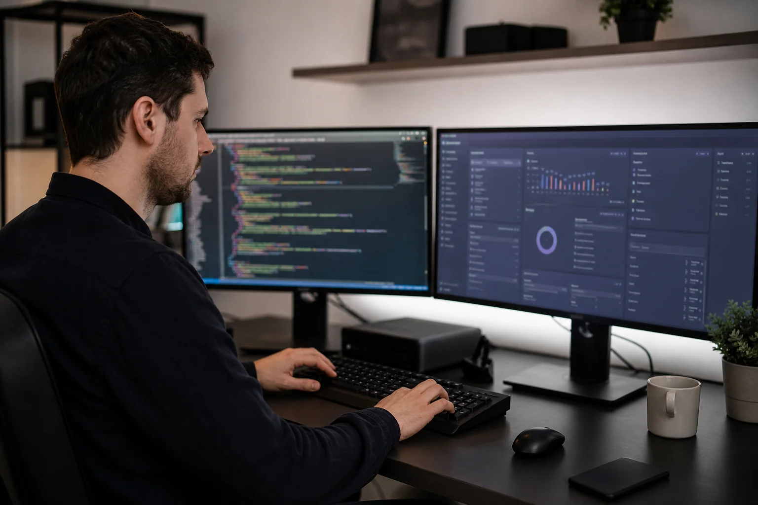 photorealistic: a software developer at a desk with two monitors, one showing code editor and one showing a dashboard interface, dark keyboard, black and white toned office interior, focused coding session, shallow depth of field, realistic