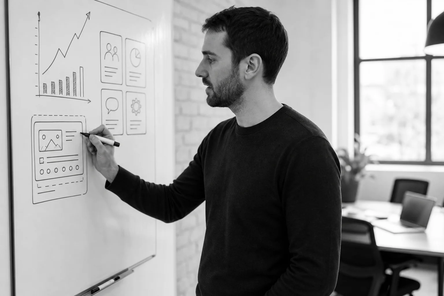 Founder sketching metrics and KPIs on a whiteboard. photorealistic: a startup founder standing at a whiteboard sketching out charts and metric boxes labeled with simple icons, black marker on white board, monochrome black and white styled