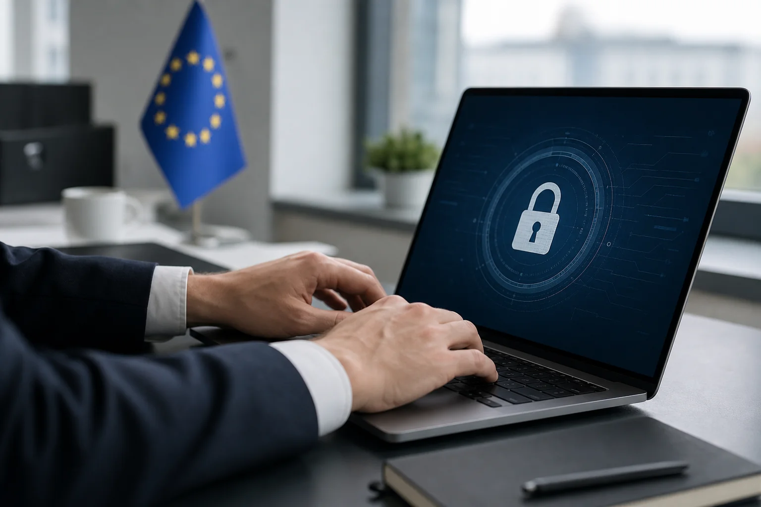 Data security and privacy visual for European SaaS compliance. photorealistic: close-up of hands typing on a laptop with a subtle lock icon overlay visible on screen representing data security, clean black and white desk setup, European