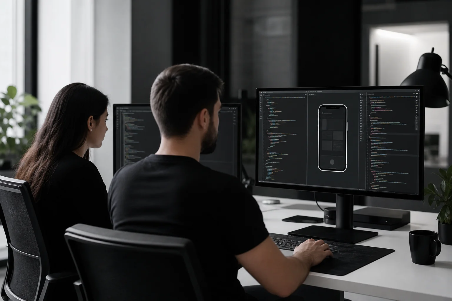 Photorealistic photo of two developers working side by side at a modern office desk setup, one screen showing a mobile app interface being built with code visible, dual monitors with dark-themed code editors, black and white color palette
