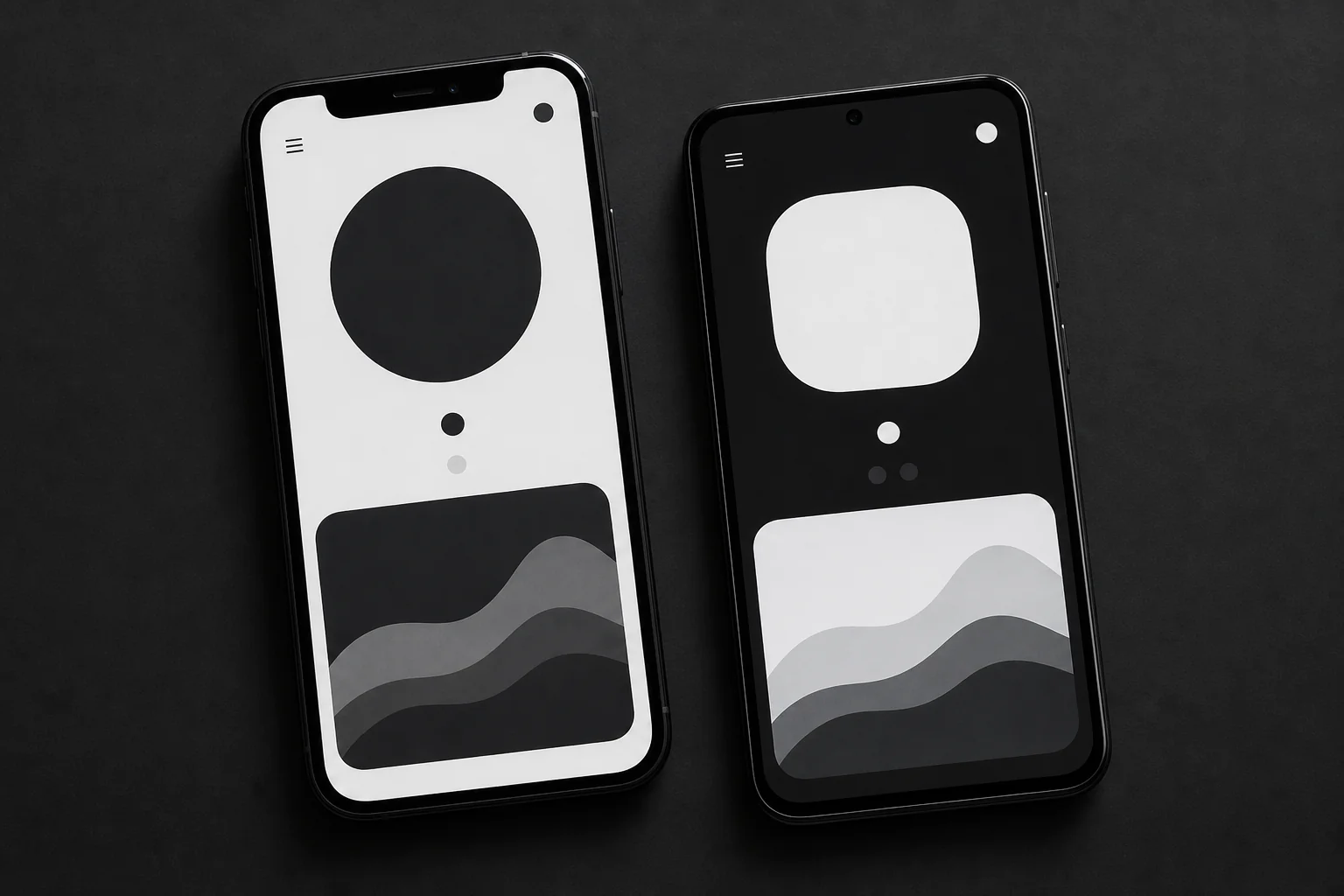 Photorealistic photo of two smartphones placed side by side on a black surface, each displaying a clean mobile app interface with simple geometric shapes, one phone slightly angled, studio lighting with strong black and white contrast