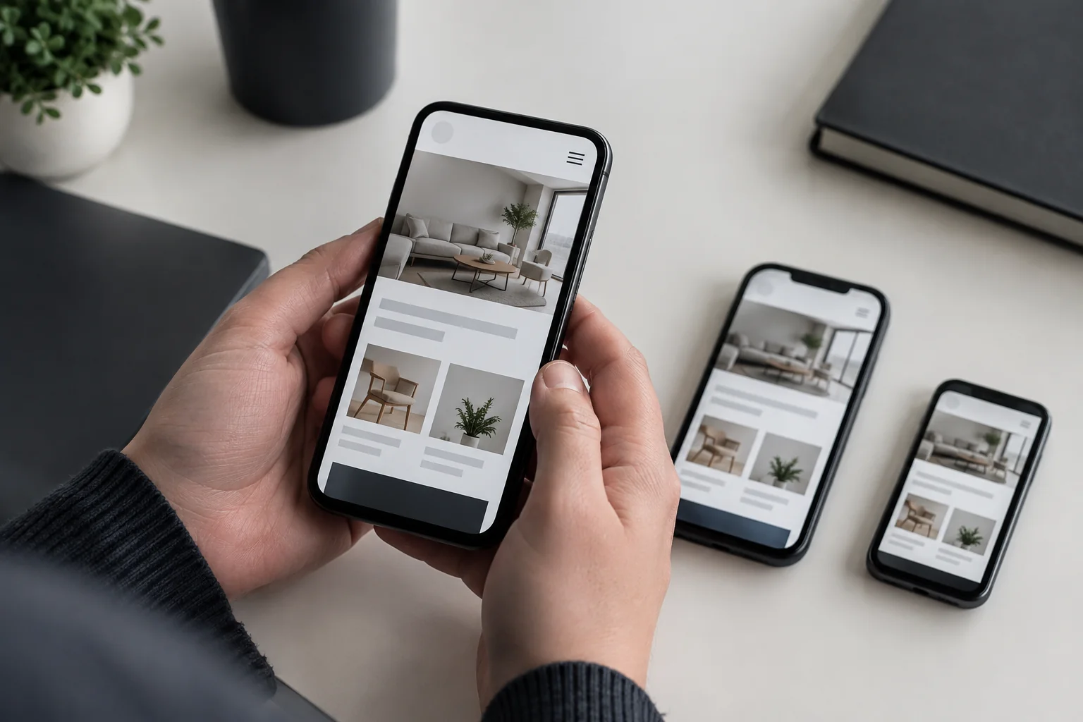 Hands testing a mobile website on several real smartphones on a desk