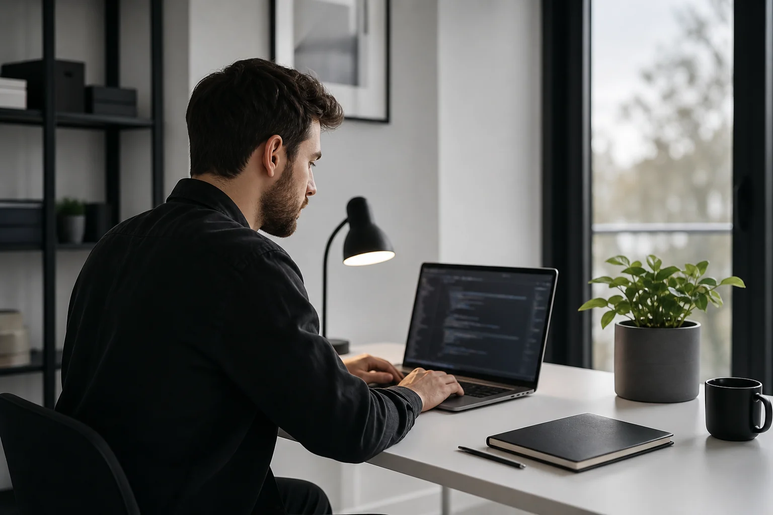 Remote developer working on a laptop displaying code, representing outsourced React development during discovery scoping. Photorealistic photo, a focused developer working late afternoon at a clean minimalist desk with a laptop showing