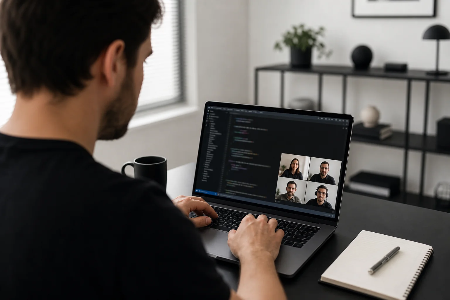A photorealistic image of a remote developer integrating into a distributed team via video call, representing staff augmentation. photorealistic: Close-up over-the-shoulder shot of a software developer at a black desk, working on a laptop