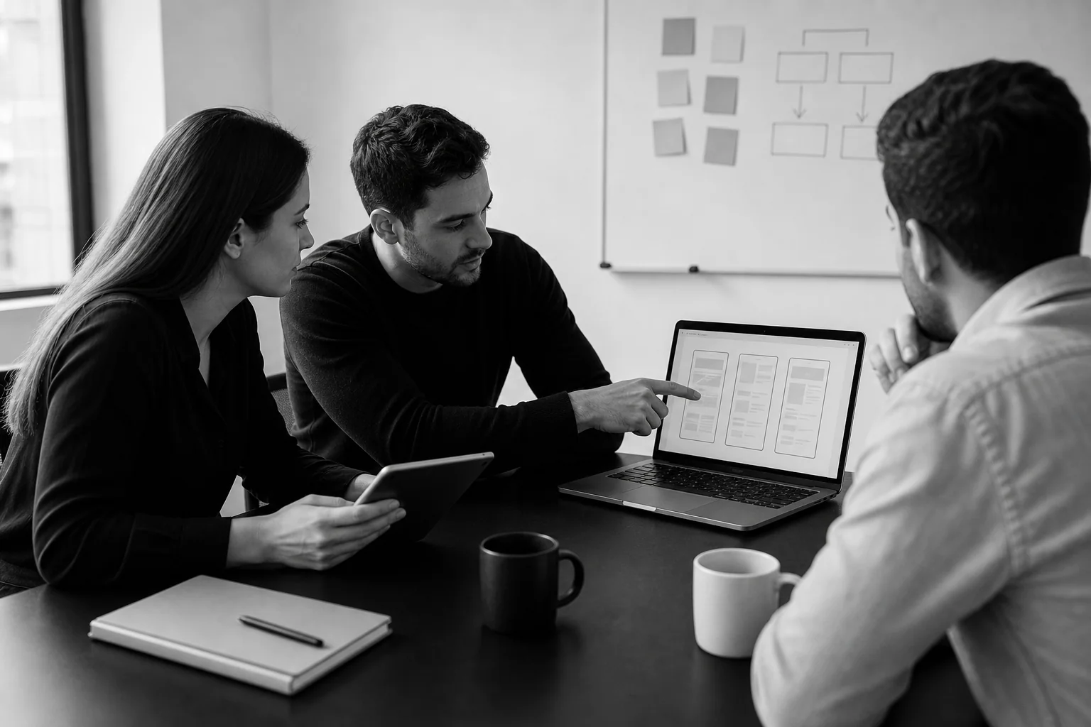 photorealistic: Three professionals of mixed gender sitting around a black conference table in a bright minimalist studio, one pointing at a laptop screen showing a UI wireframe, another holding a tablet, a whiteboard with sticky notes and