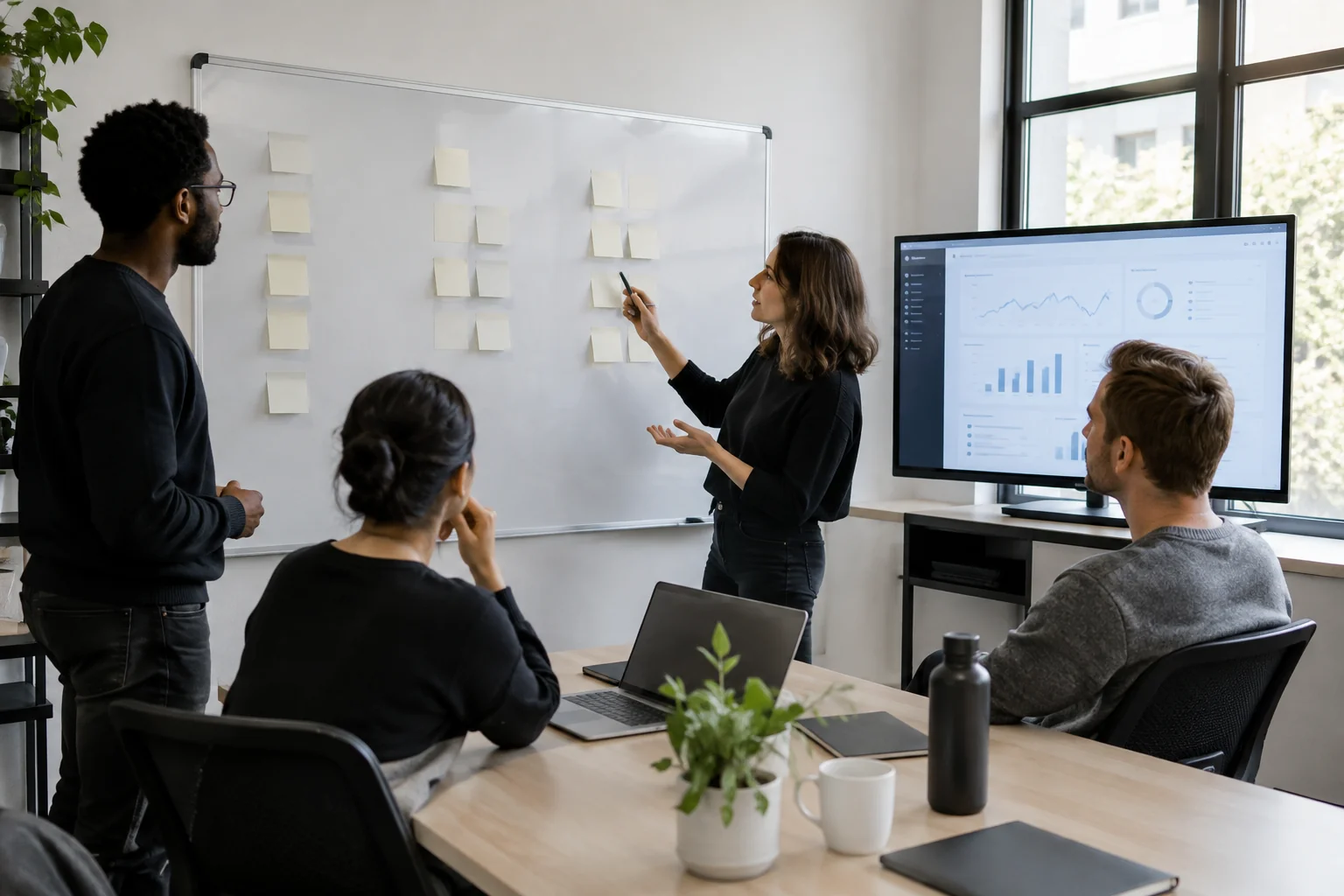 Developers in a sprint planning session with a sticky-note board for an evolving SaaS product