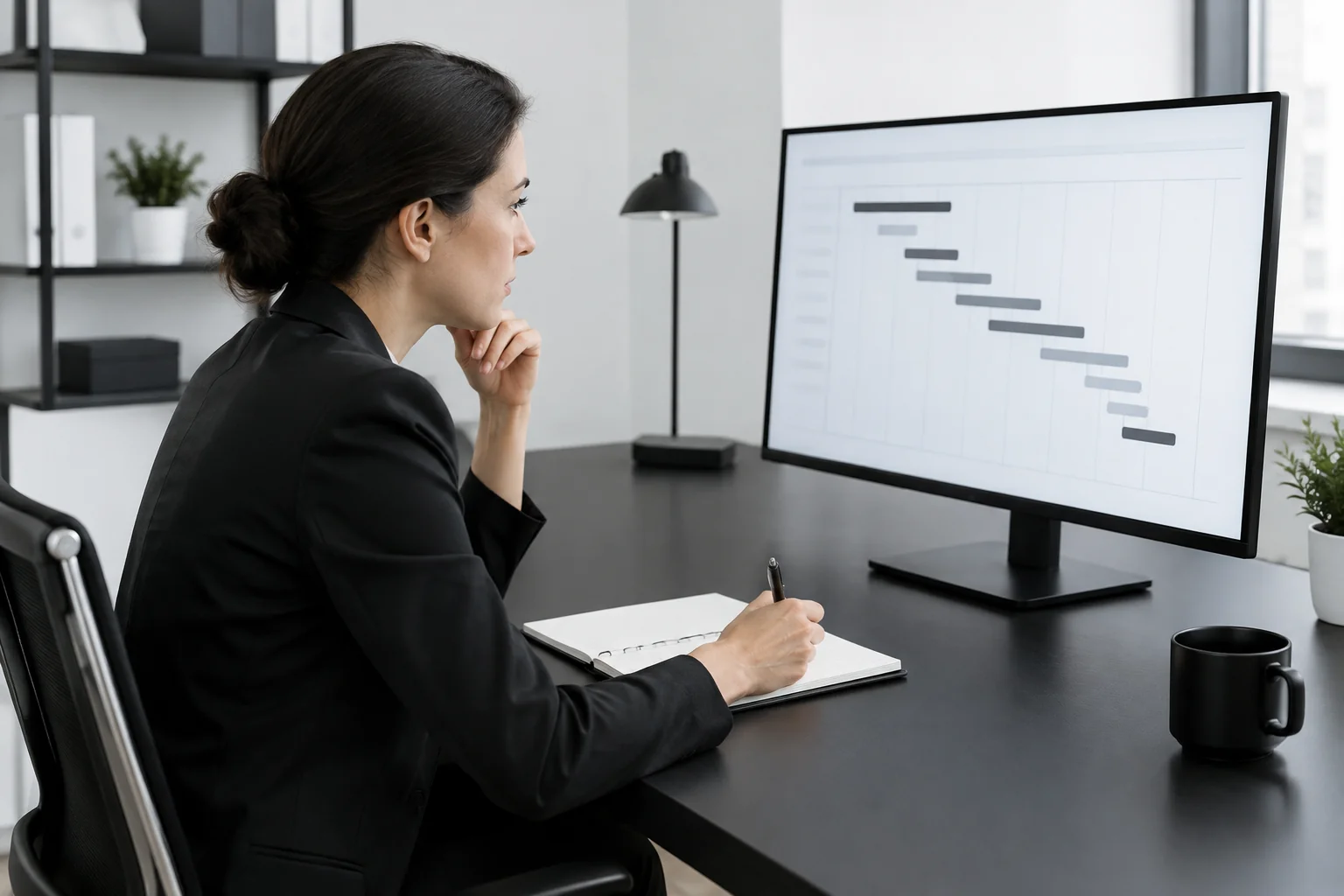 Project manager checking a burndown chart on a monitor to catch budget overruns early