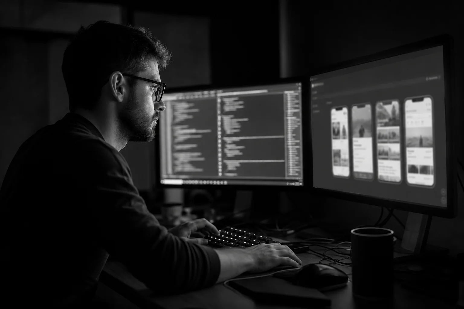 Developer working on multiple monitors showing code for an e-commerce app build. Photorealistic photo: a software developer working late at a desk with two monitors displaying blurred lines of code and a mobile app storefront preview, dark