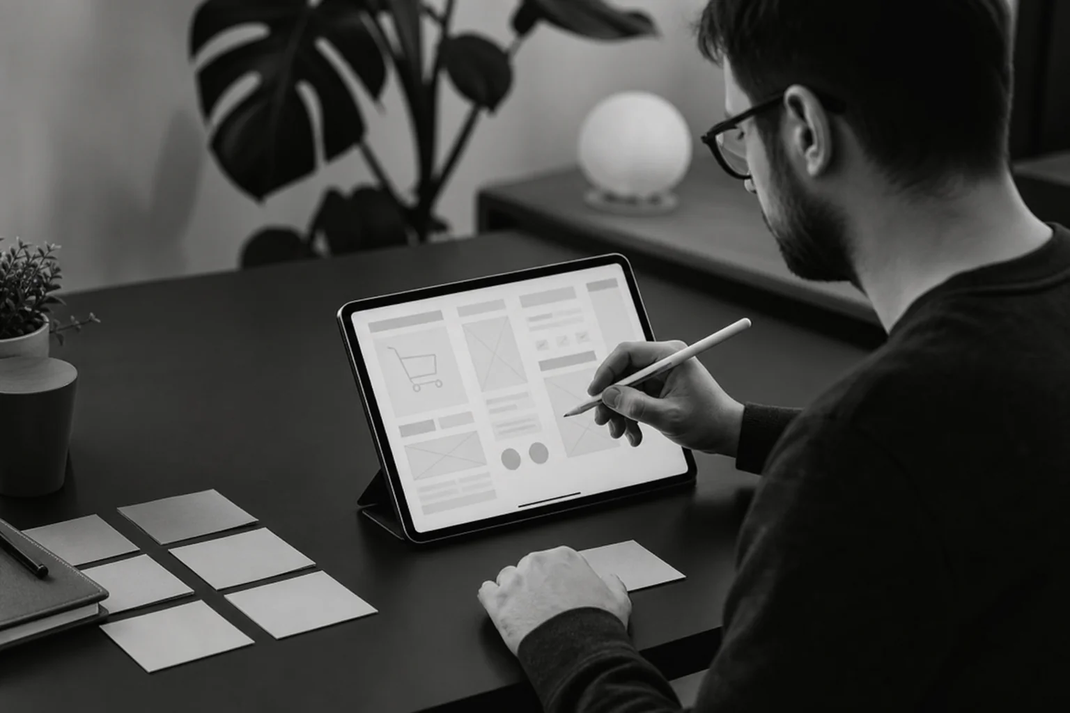 Designer sketching app wireframes for checkout flow on a tablet at a studio desk. Photorealistic photo: a UI/UX designer at a minimalist studio desk sketching wireframes on a tablet stylus, screen shows blurred abstract wireframe boxes