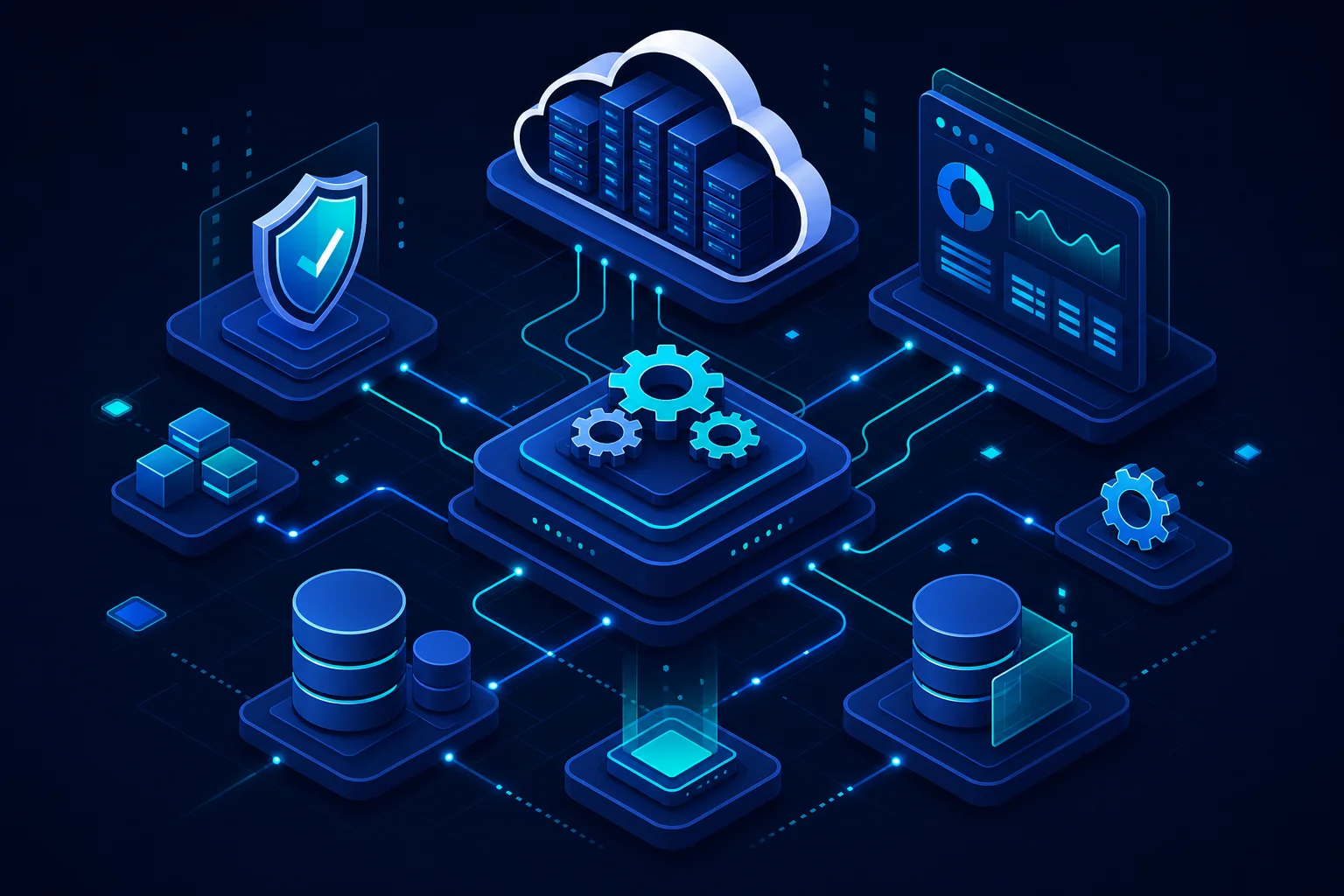 Isometric diagram showing software maintenance components including security, cloud infrastructure, monitoring, and API management