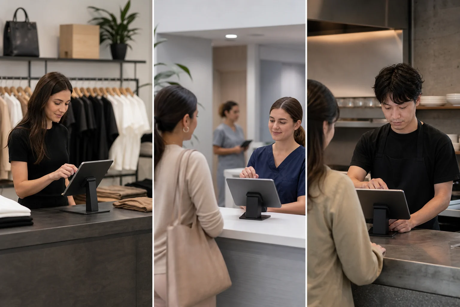 Split scene showing a retail shop, a clinic reception, and a restaurant counter each using digital tablets. photorealistic: A triptych-style composition showing three small business settings side by side, a retail clothing shop with a