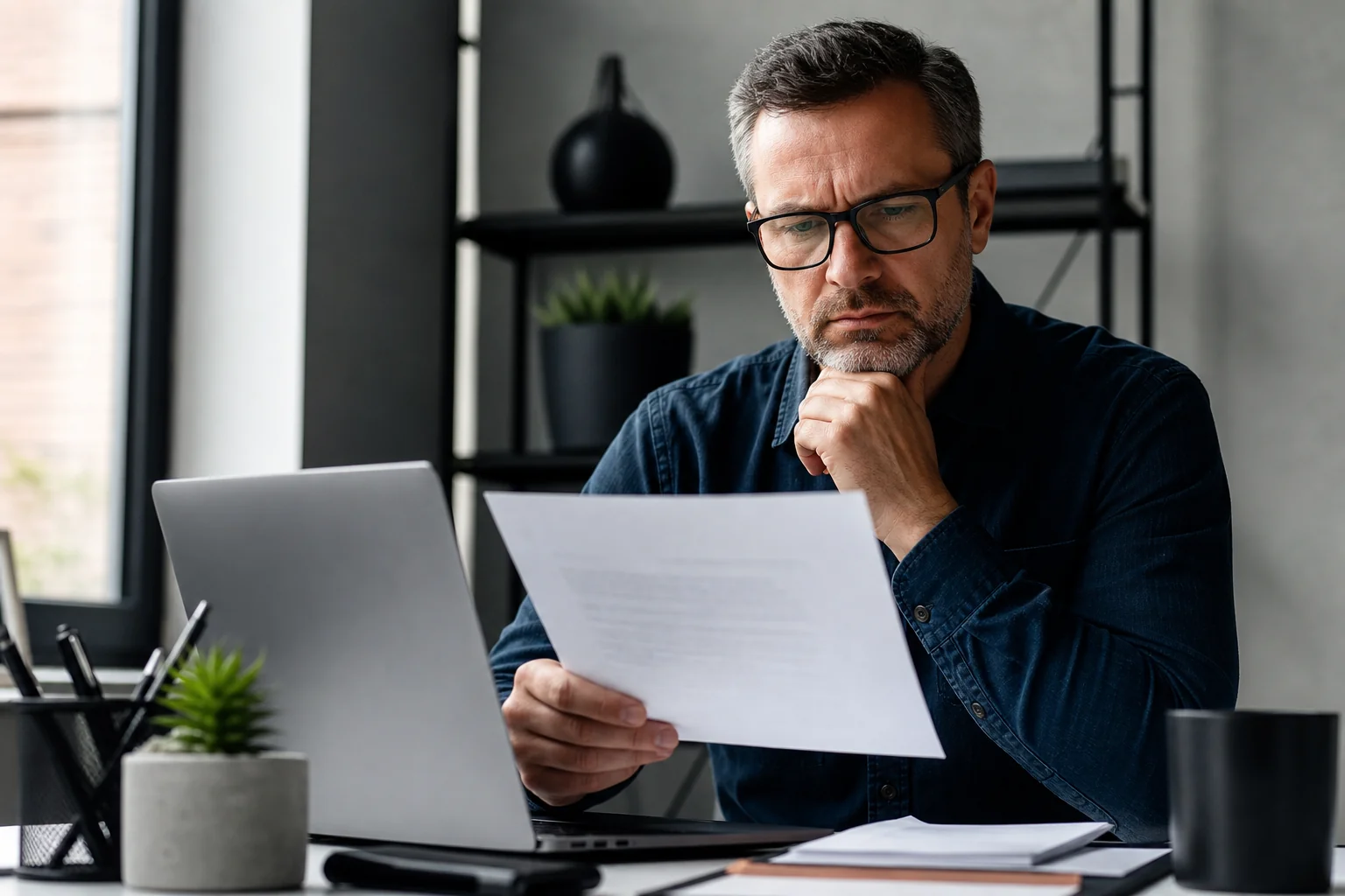 Business owner looking skeptically at a contract document. photorealistic: Close-up of a small business owner's hands reviewing a printed contract and laptop screen showing a project quote, furrowed brow expression suggesting scrutiny