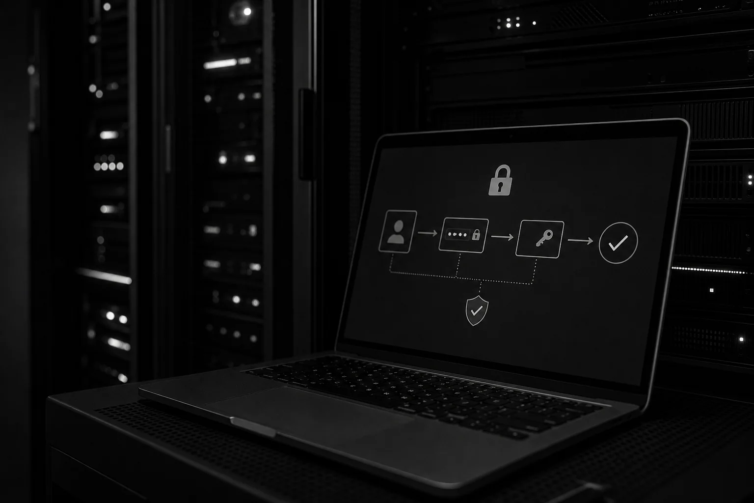 photorealistic, a server rack and laptop screen showing a secure login authentication token flow in a dark room with black cabinets, subtle white accent lighting, high contrast monochrome photography style, conveys security and technical