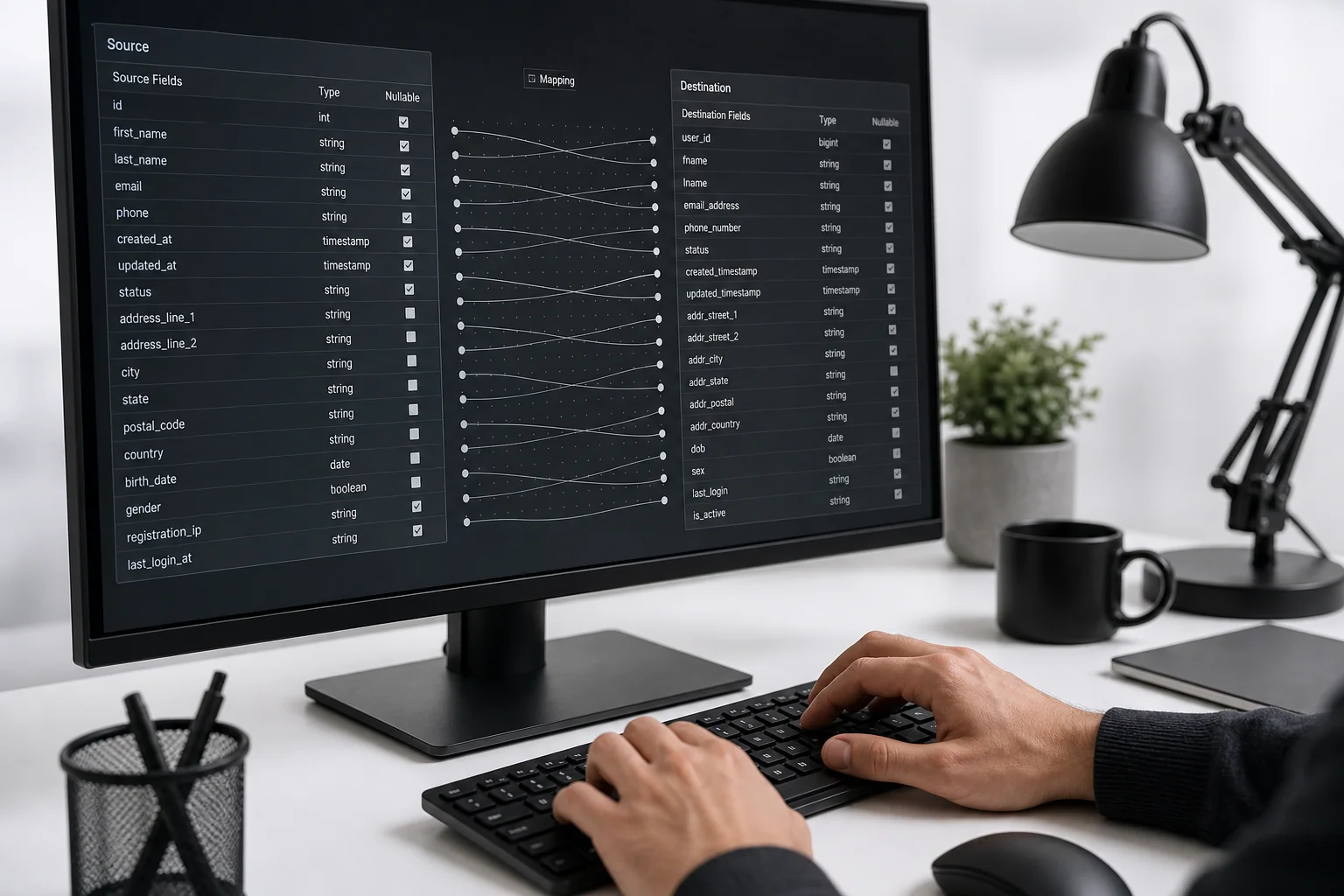 photorealistic, close-up of a developer's hands typing on a keyboard next to a monitor displaying structured data tables and schema mapping fields, black and white minimalist office setting, monochrome tones with crisp white desk surface