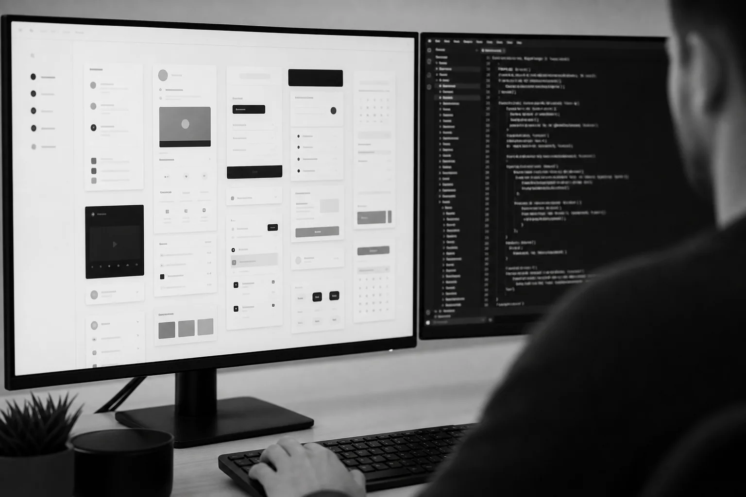 Designer handing off a design system to a developer's screen showing code. photorealistic: close-up over-the-shoulder shot of a designer's monitor displaying a clean component-based interface mockup next to a developer's monitor showing