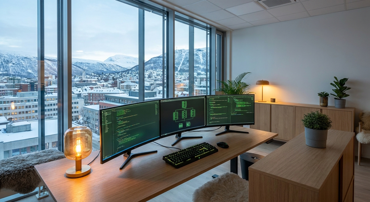 Node.js Sweden development in a modern Scandinavian office with code on multiple monitors