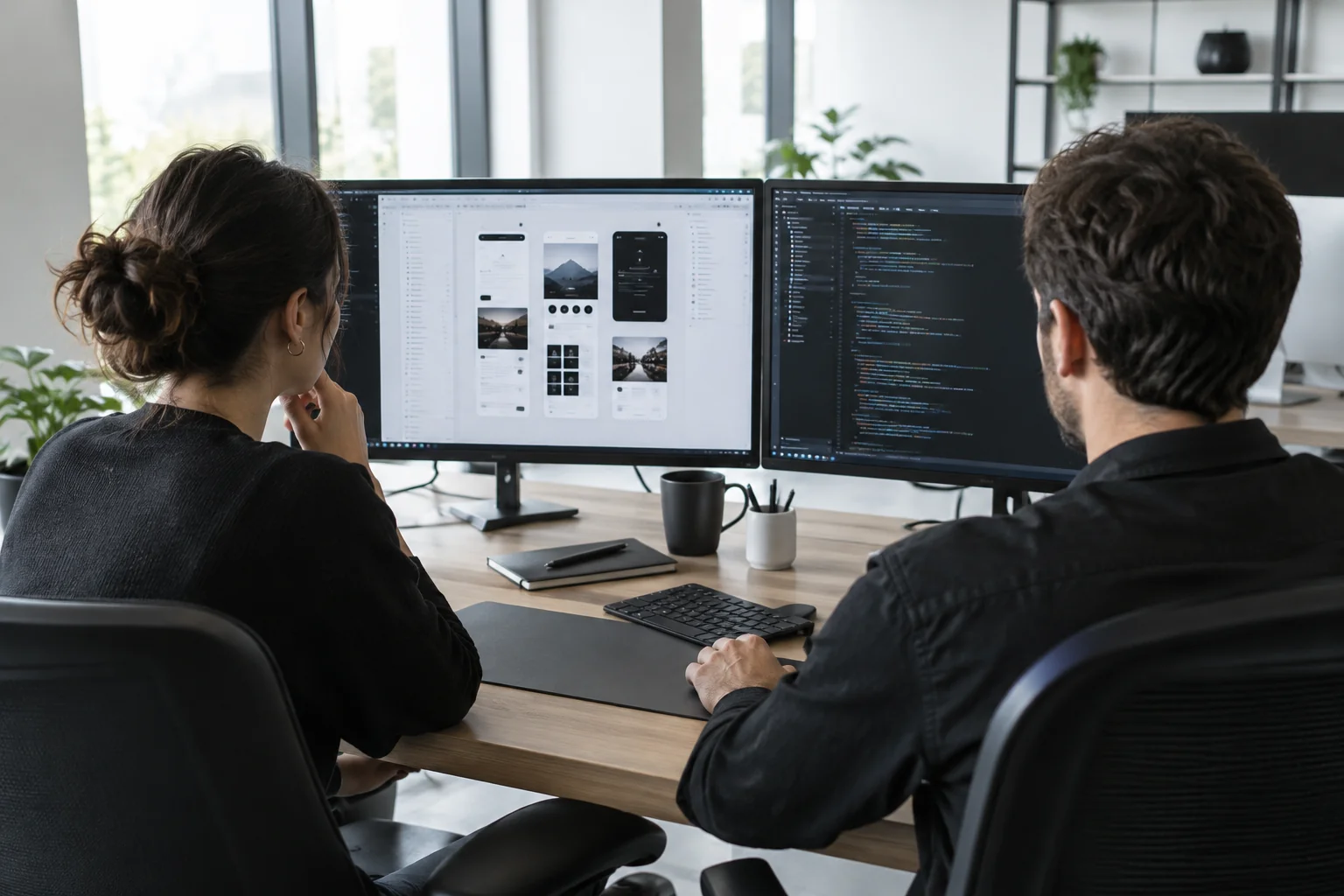 Designer and developer comparing a design file and code on two monitors