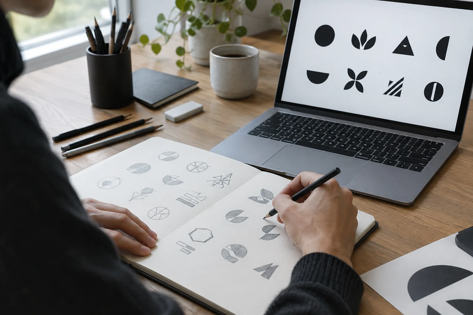 Designer sketching logo concepts in a notebook beside a laptop showing vector shapes