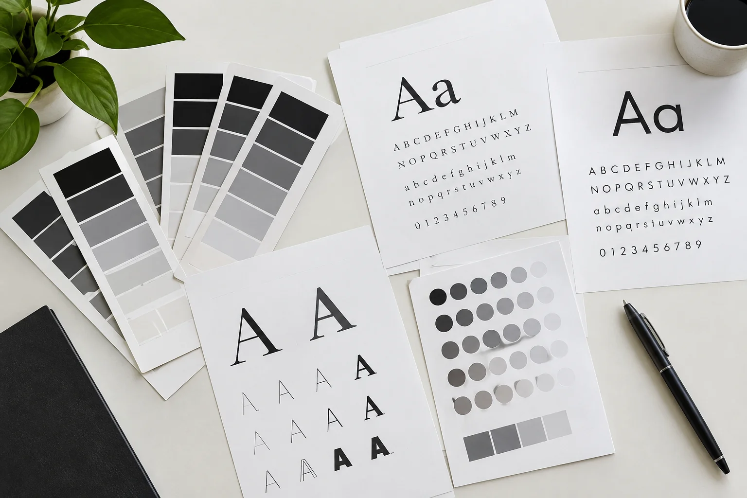 Printed colour swatches and typeface specimen sheets laid out on a desk