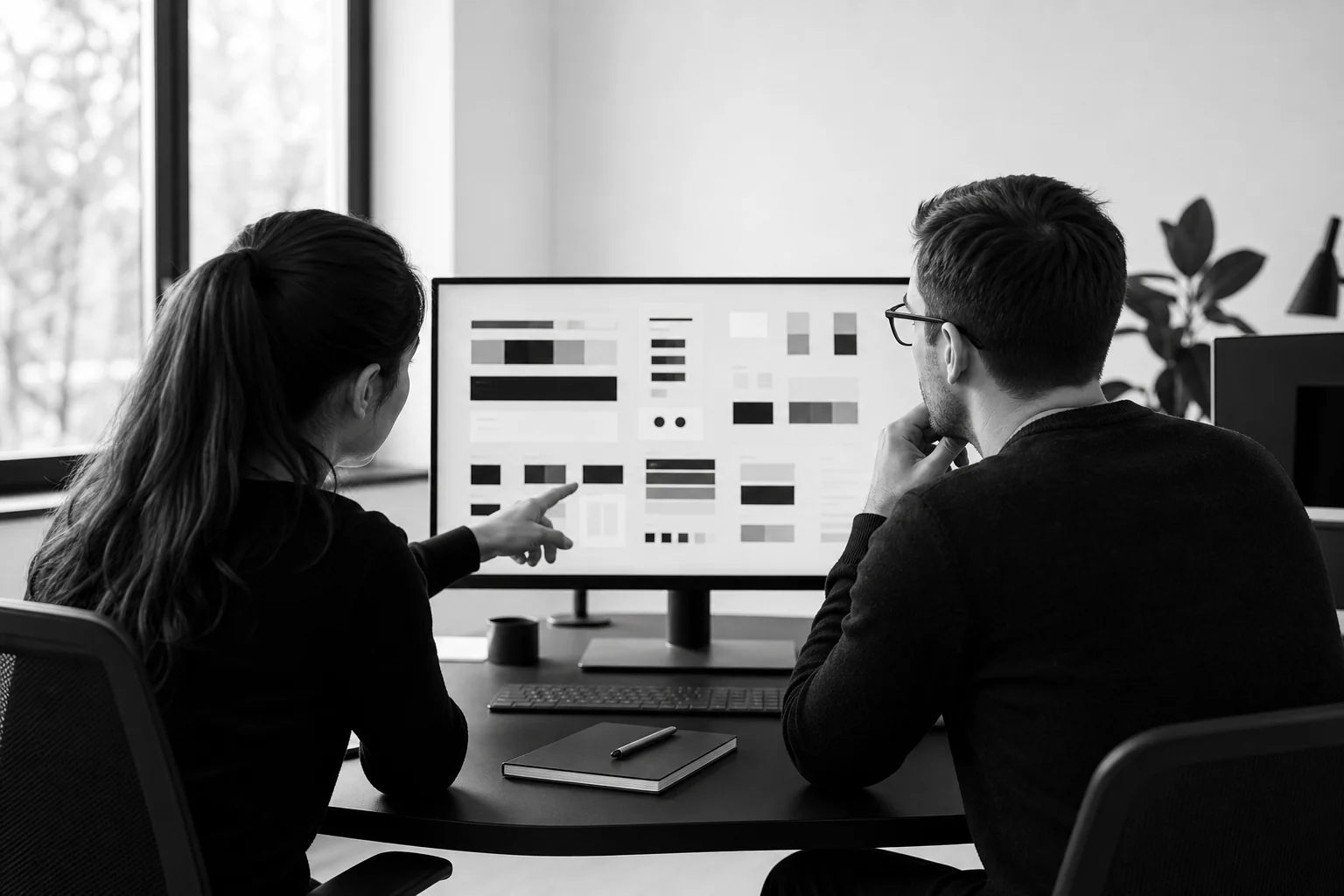 A developer and designer collaborating at a shared screen showing a component library / design system, representing brand-to-product handoff. photorealistic: A candid over-the-shoulder photo of two professionals, a UI designer and a